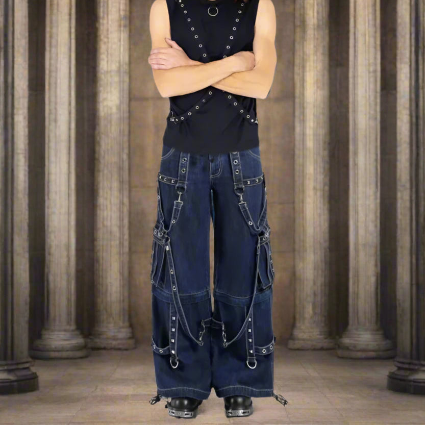 Gothic Blue Jeans Zip Off Pants Punk Buckle Zips Chain Strap Trousers Pant