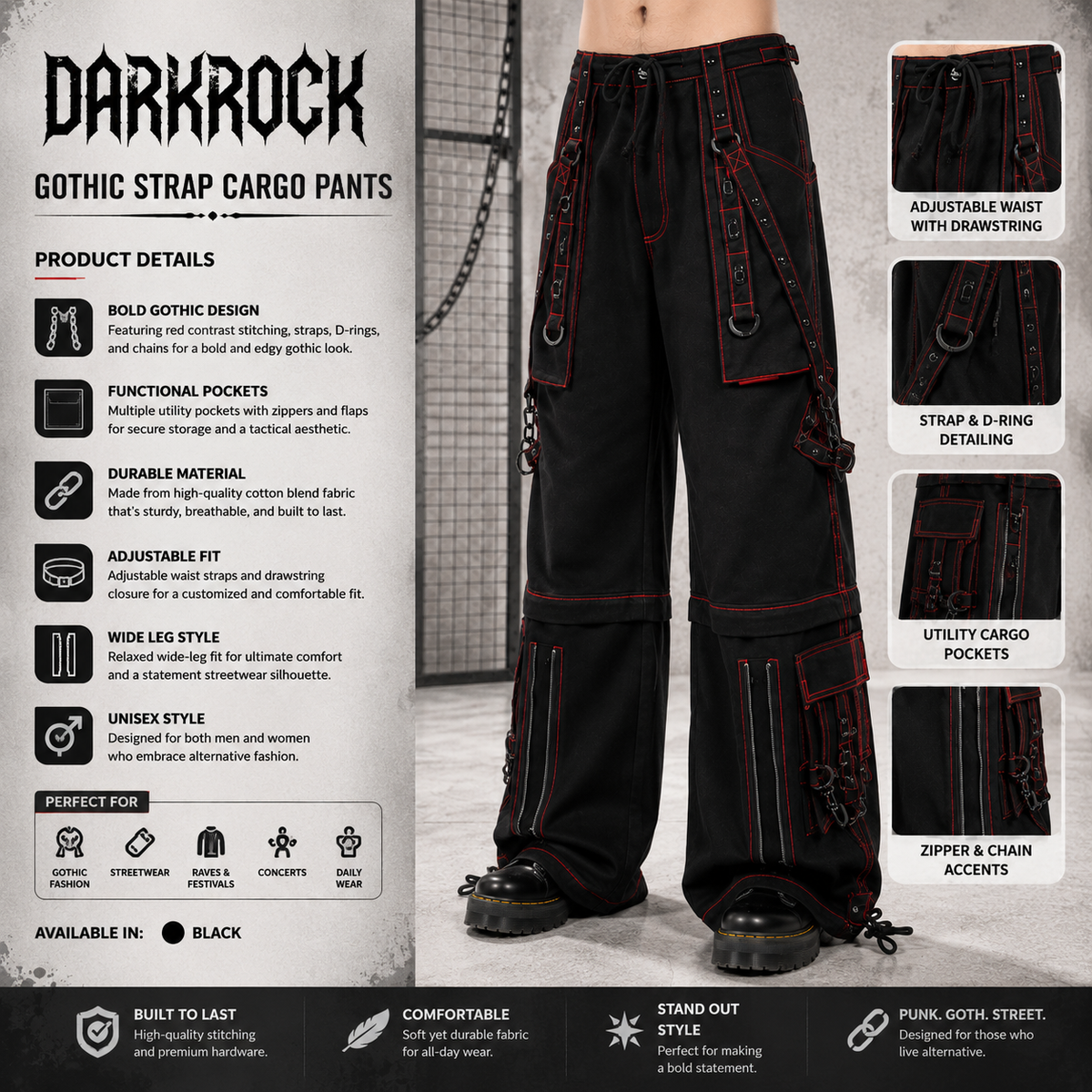 Men’s Black Gothic Super Studded Pants Red Stitching Men’s Fashion Goth Pant