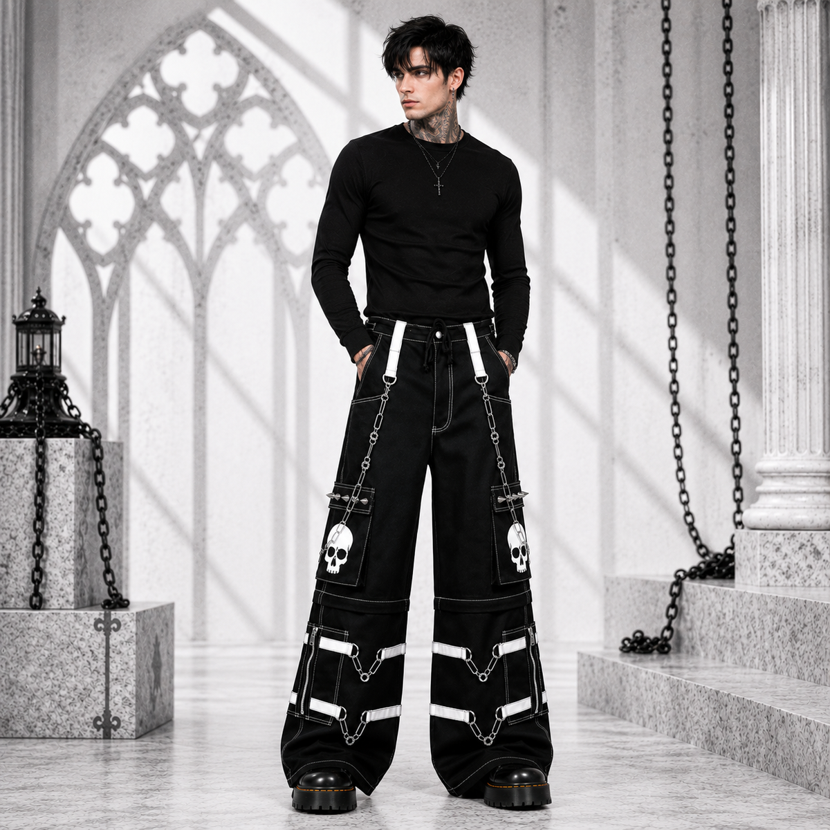 Gothic Bondage Black Skull Zip Off Pants Black & Amp White Alternative Punk Rock Emo Trouser Pant Usa