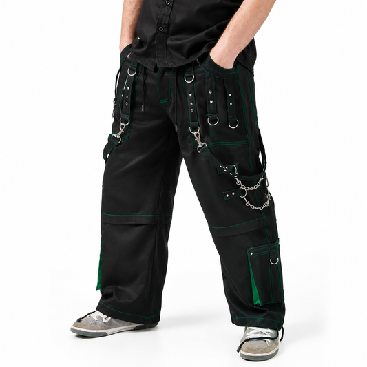 Gothic Men's Handmade Green Thread Rocker Bondage 4 Pocket Trouser Punk Rock Black/ Green Stitch Pant