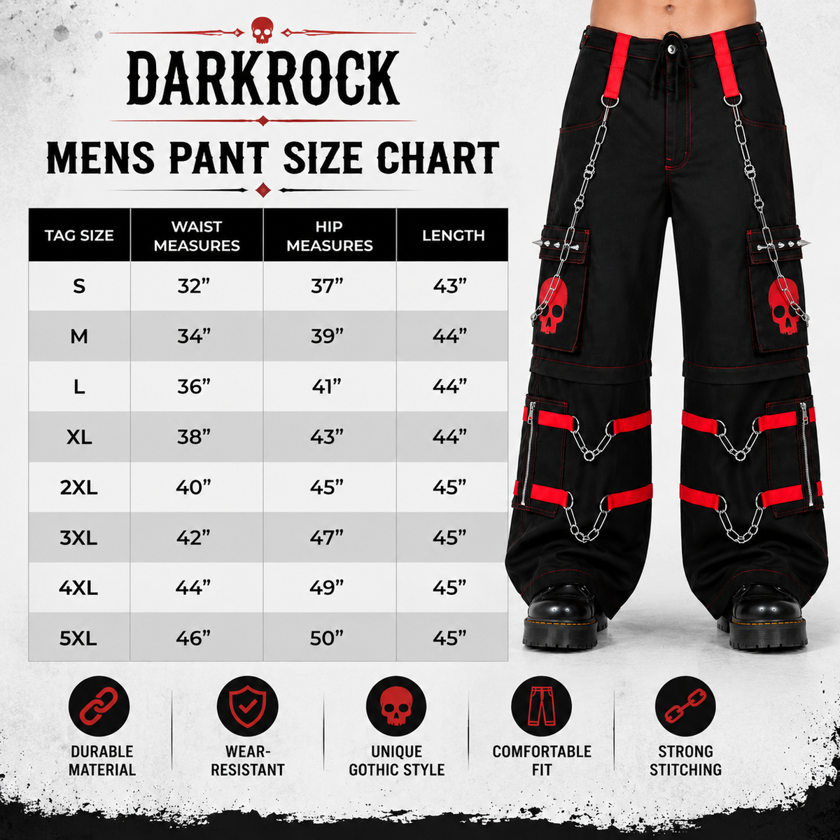 Gothic Bondage Black Skull Zip Off Pants Black Amp Red Alternative Punk Rock Emo Trouser Pant/Usa