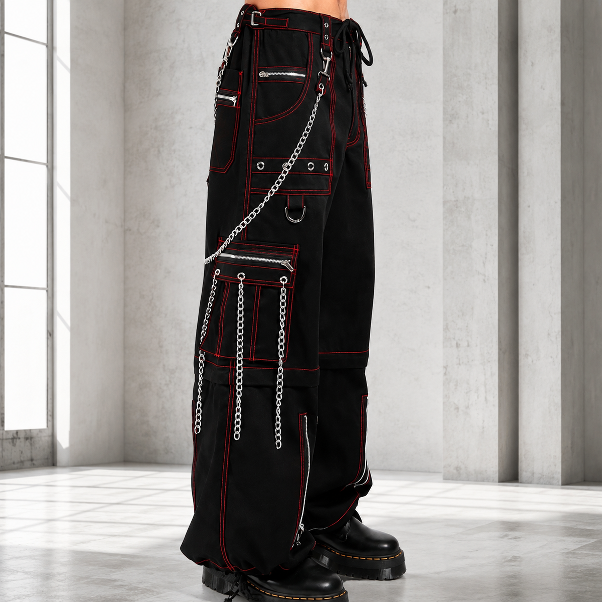 Men's Electro Bondage Gothic Red Stitch Rave Gothic Cyber Chain Goth Jeans Punk Rock Pants USA