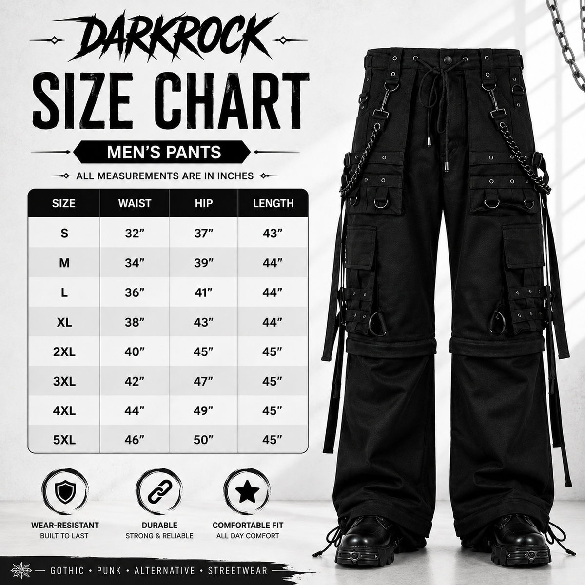 Gothic Bondage Cargo Rock Black Punk Buckle Zips Chain Strap Trousers Emo/ Pants