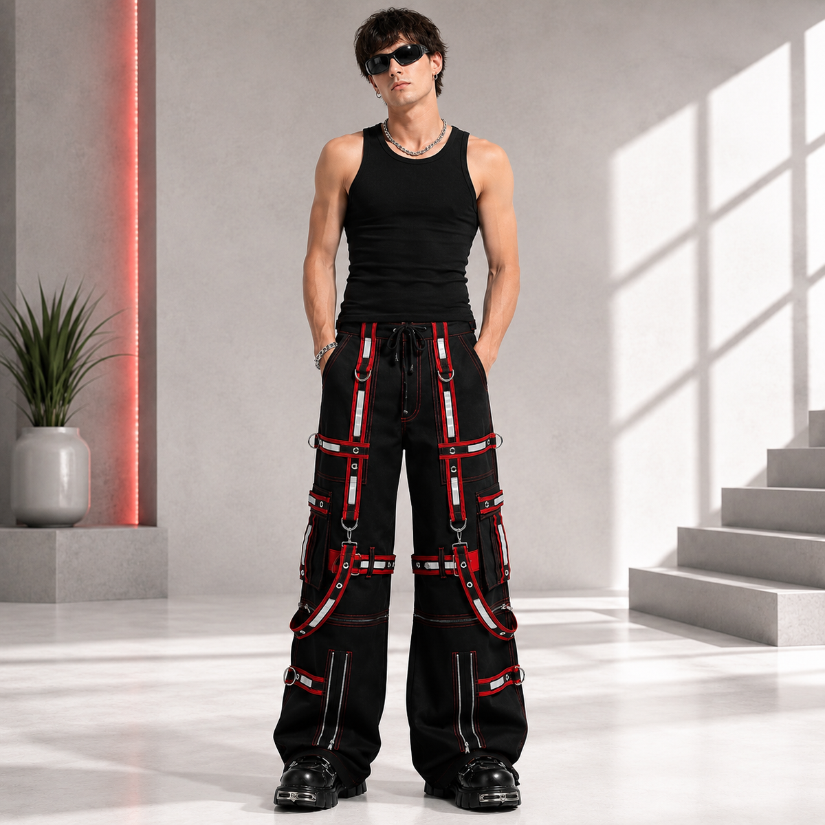 Men Extreme Bondage Gothic Electro Reflector Black/Red Pant/Shorts Usa