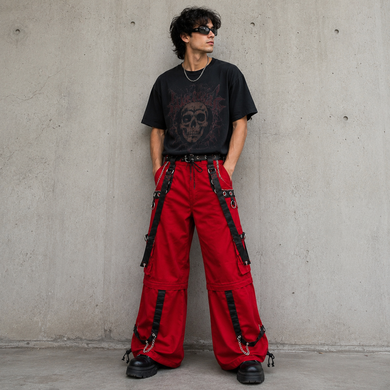 Gothic Men's Gothic Handmade Red Trouser Red Threads Black Straps Punk Rock Metal Chain Cyber/USA