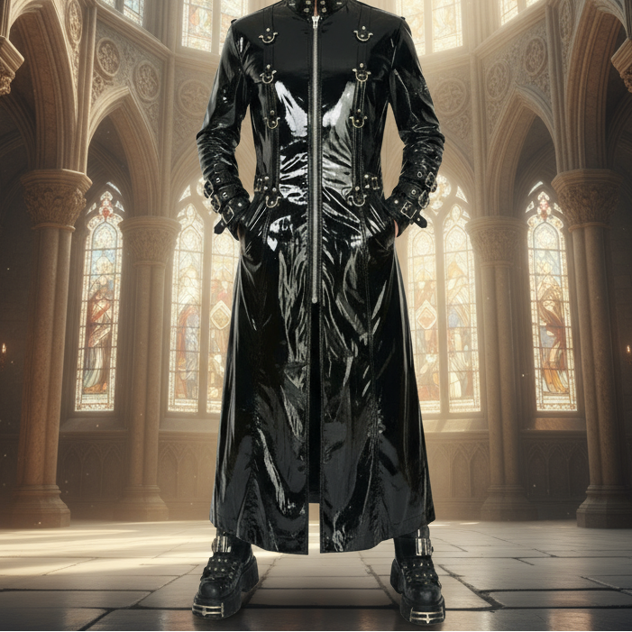 Black Vinyl PVC Fetish Gothic Spike Stud Long Gothic Cosplay Trench Coat Hell Raiser