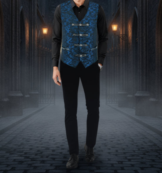Premium Men's Vest Waistcoat Blue Damask Velvet Goth Steampunk VTG/Brocade Vest