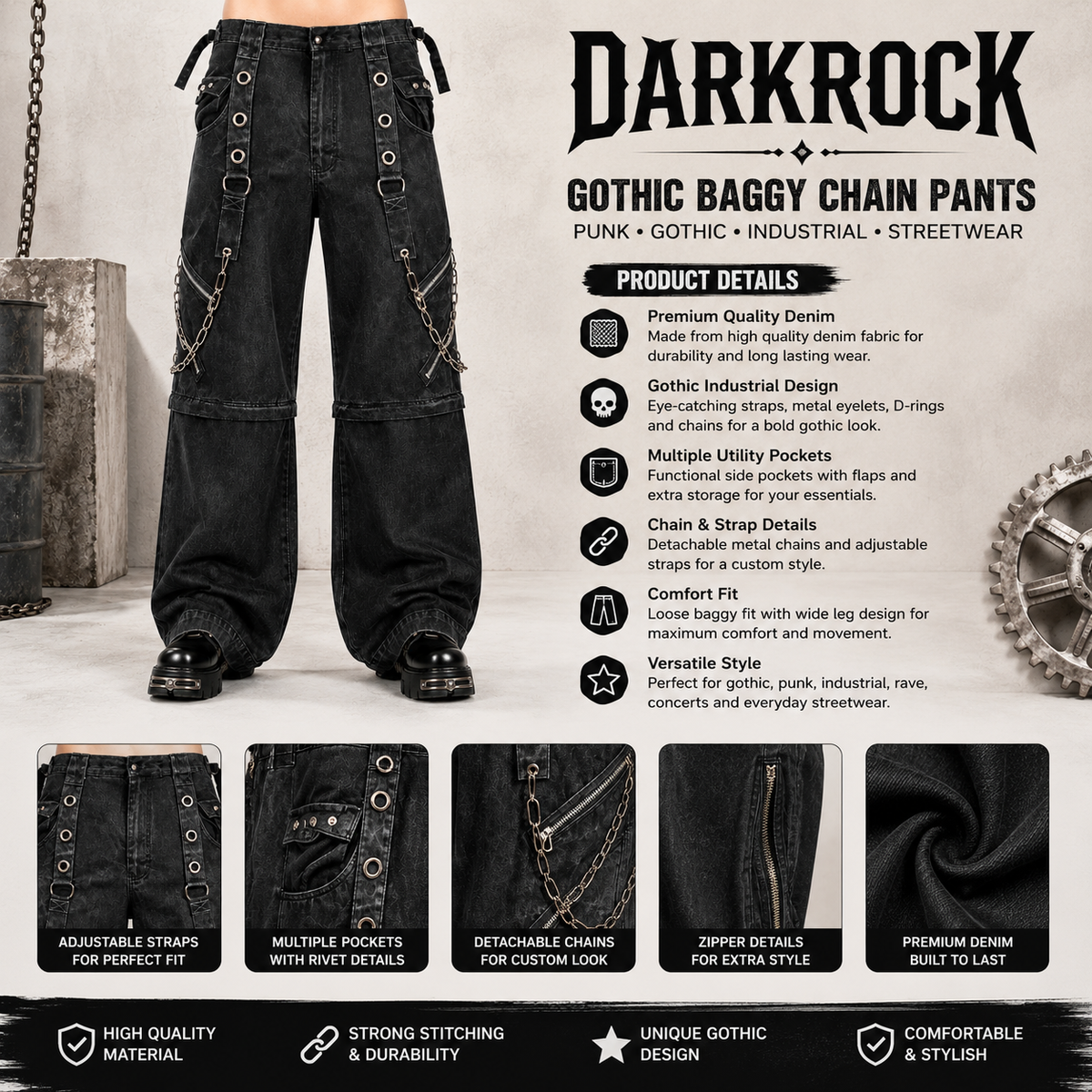 Prime Quality Bondage Gothic Wax Cotton Men's Cyber Rave Techno Jeans Punk Shorts Biker Pants USA