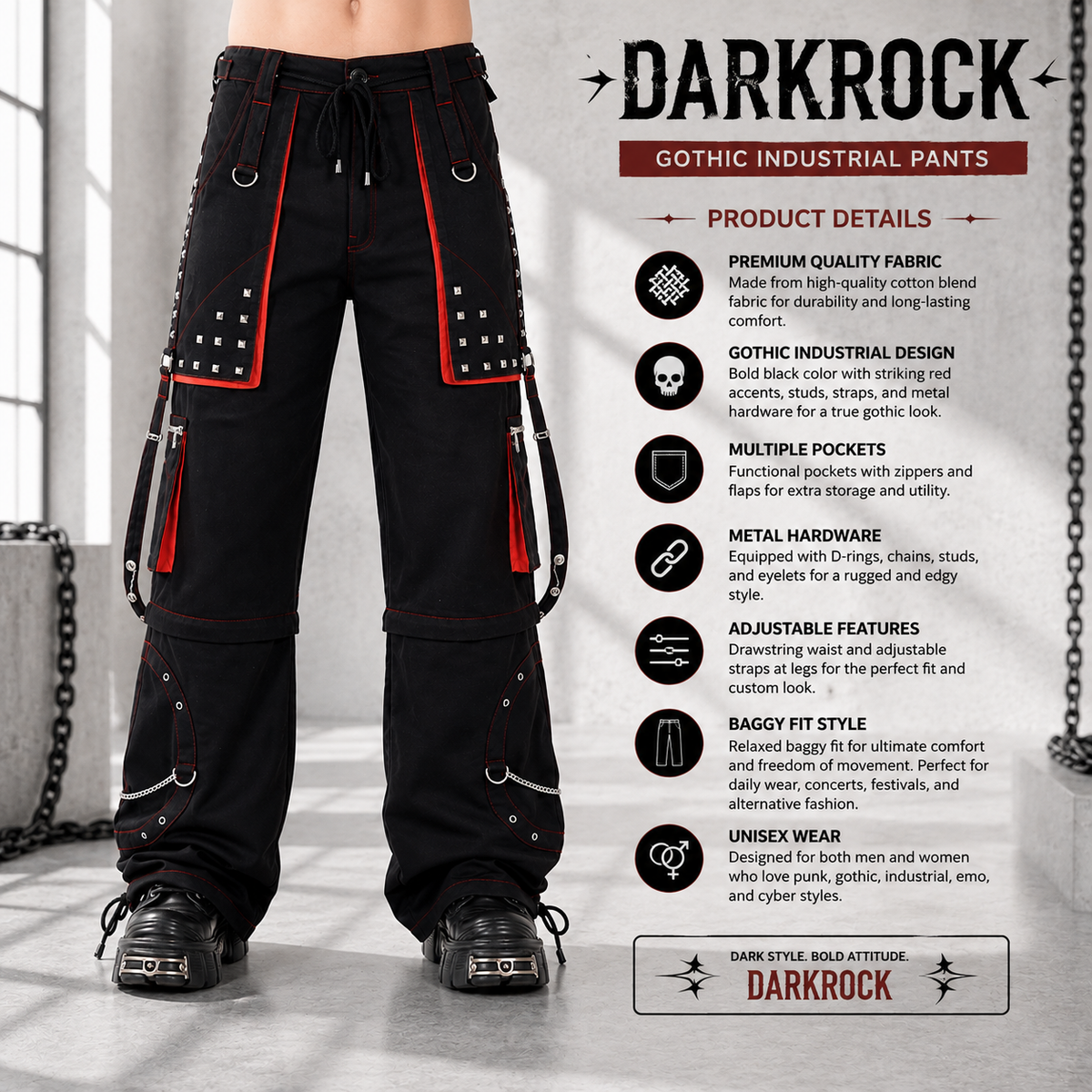 Gothic Men's Black Stylish Pant Trouser Slim fit Straight Black Red Color Pants USA