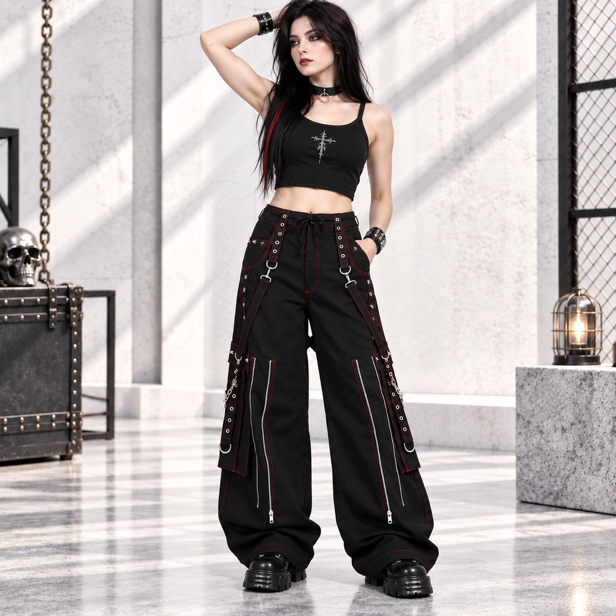 Gothic Mens Black Bondage Red Back Skull Punk Rock Pants