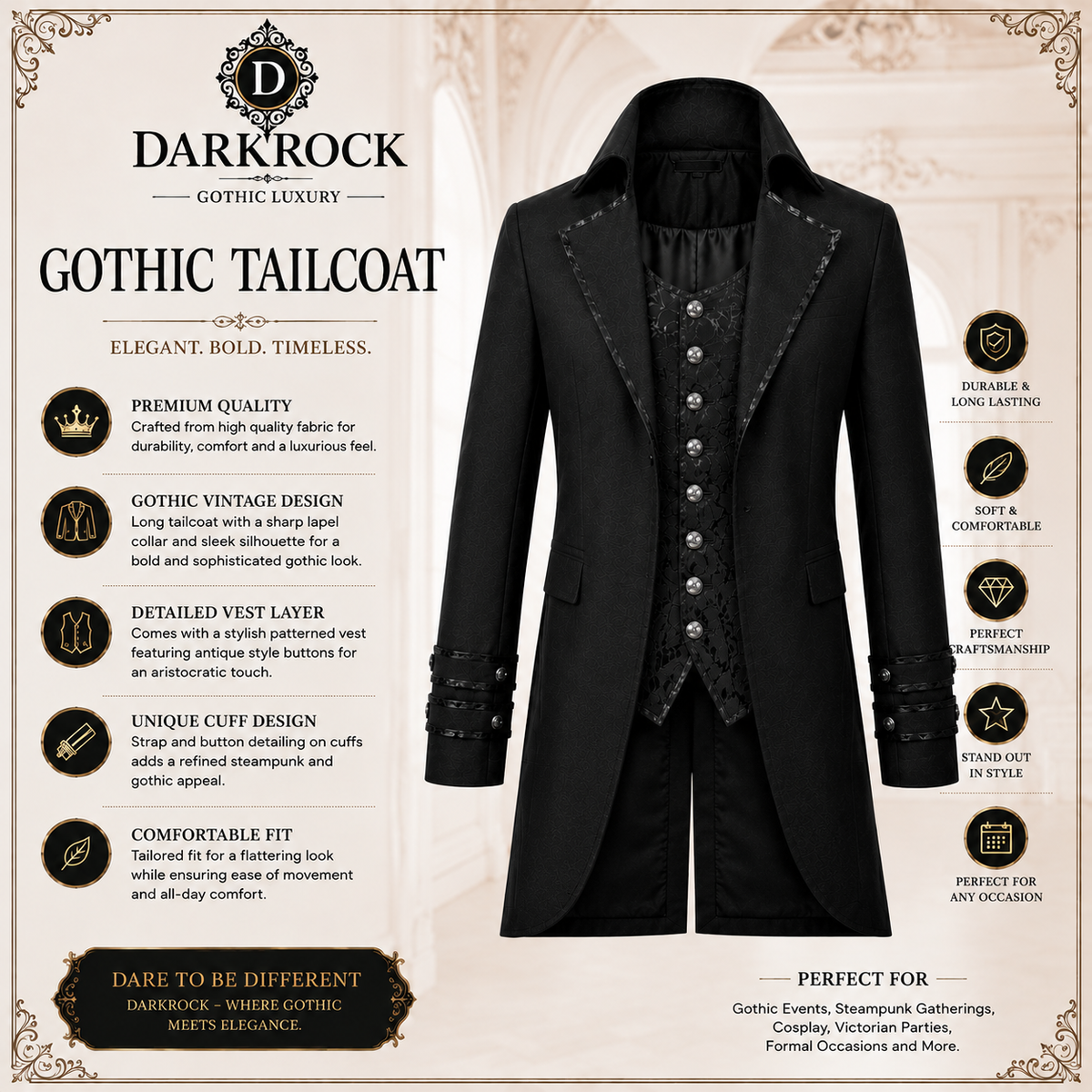 Men's Morning Gothic Jacket Tailcoat Black Cotton Steampunk Victorian