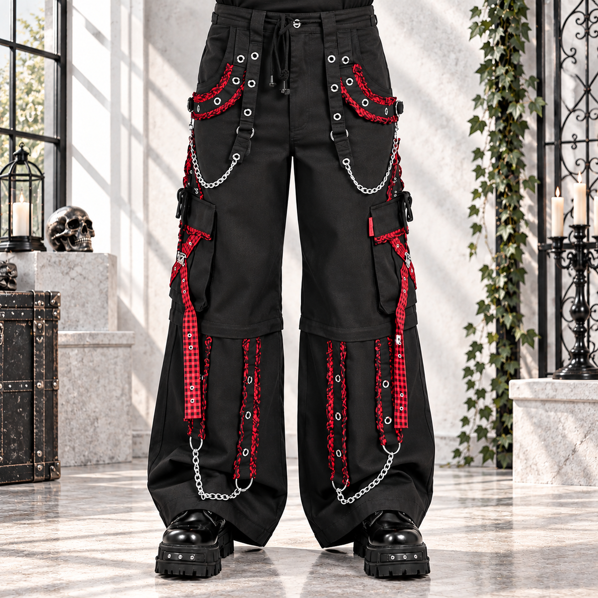 EXTREME BONDAGE GOTHIC PUNK ROCKER CYBER GOTH RED & BLACK STEAMPUNK BIKER PANTS