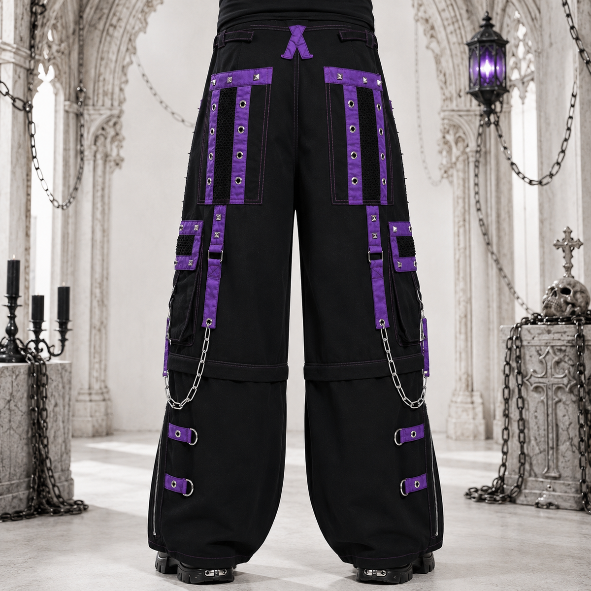 Men Gothic Pant Black Purple Punk Baggy Pant With Chrome Rings & Amp; Chain USA