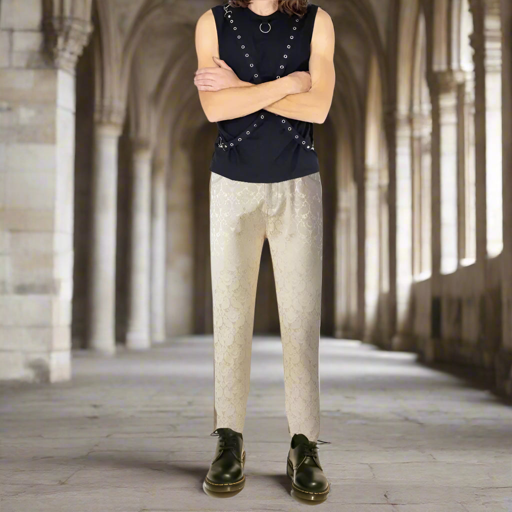 Mens Trousers Pants Brocade VTG Gothic Aristocrat Steampunk Side Braiding Trim