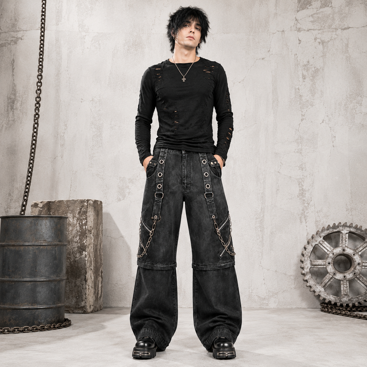 Prime Quality Bondage Gothic Wax Cotton Men's Cyber Rave Techno Jeans Punk Shorts Biker Pants USA