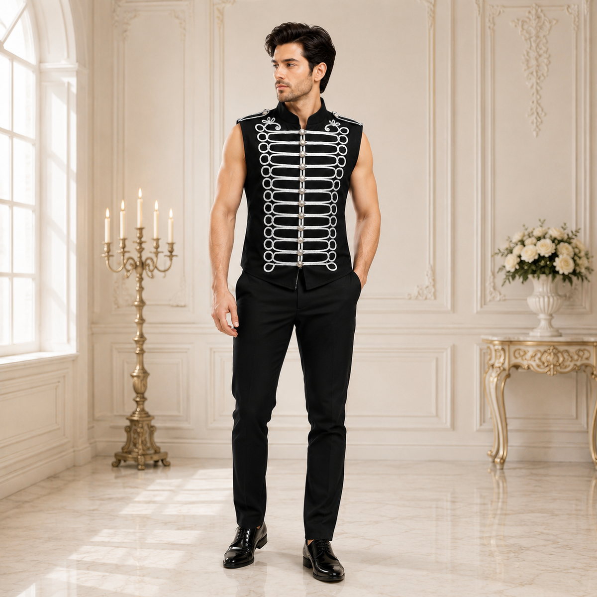 Men's Military Hussar Sleeveless Black Vest Black &amp; Silver Jacket Usa