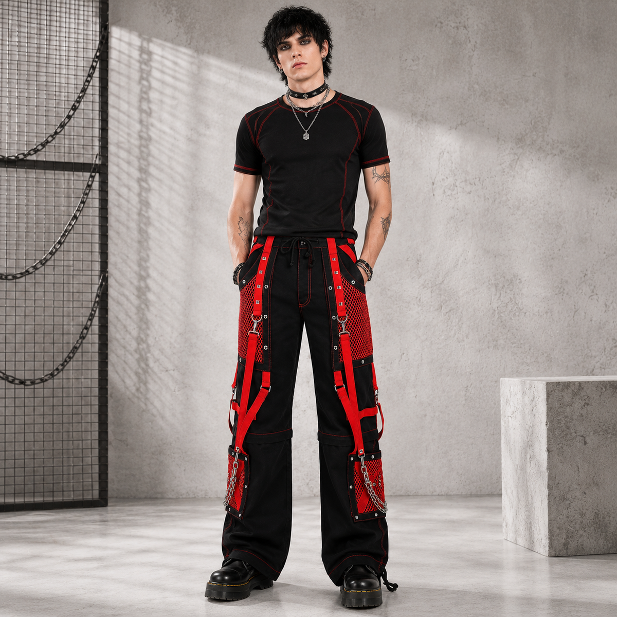 Black/Red Jeans Extreme Bondage Rocker Cyber Goth Steampunk Pant Usa