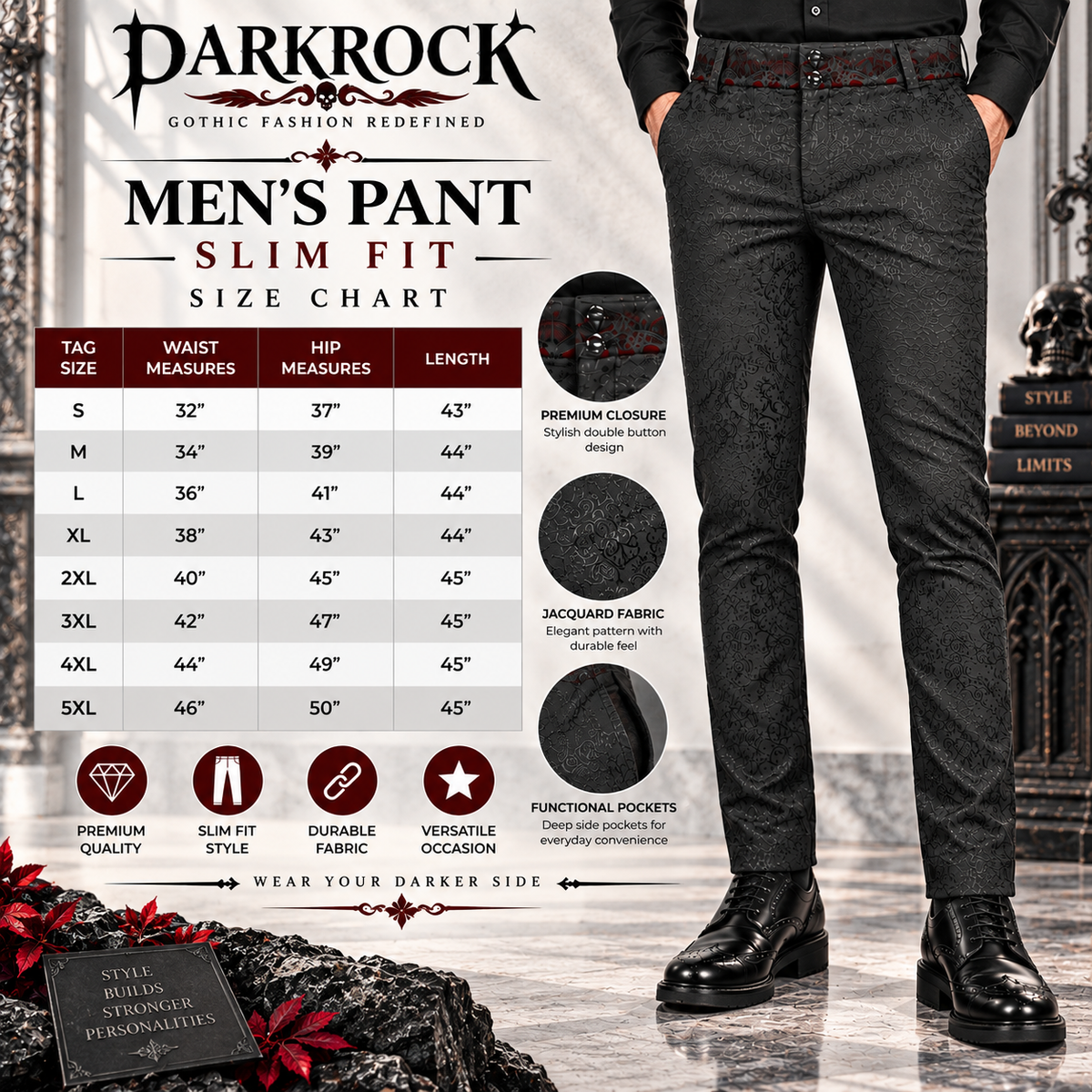 Gothic Men's Pants Trousers Black Brocade Maroon Velvet Steampunk VTG Vampire