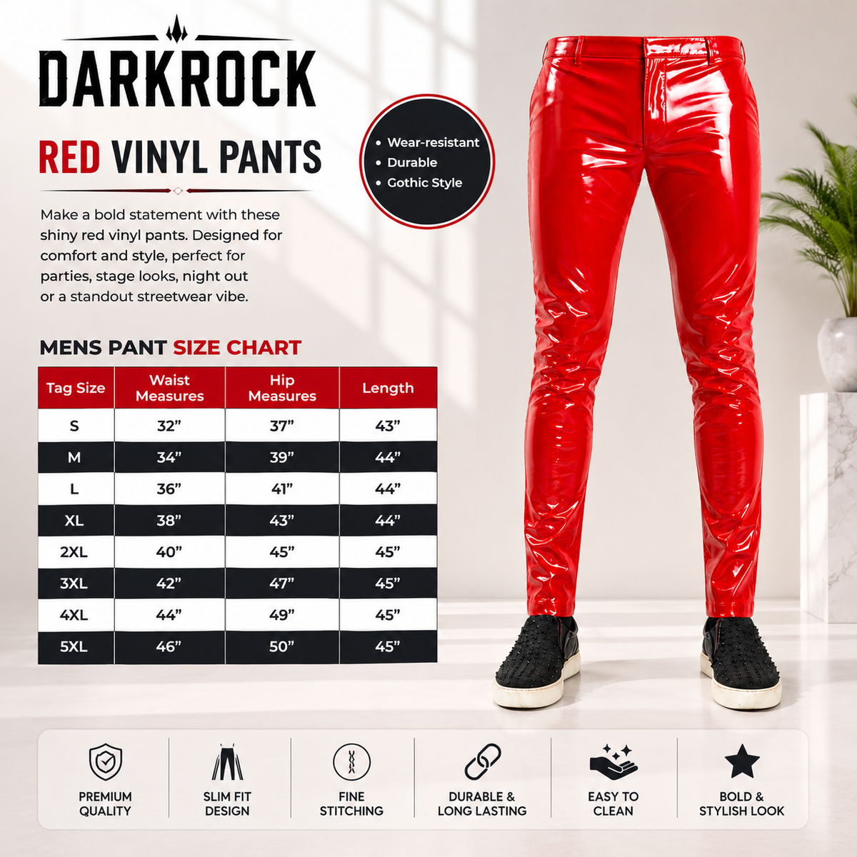 GOTHIC MEN RED BONE FIT PVC VINYL GLOSS FETISH ROCKER SKINNY JEANS PANTS