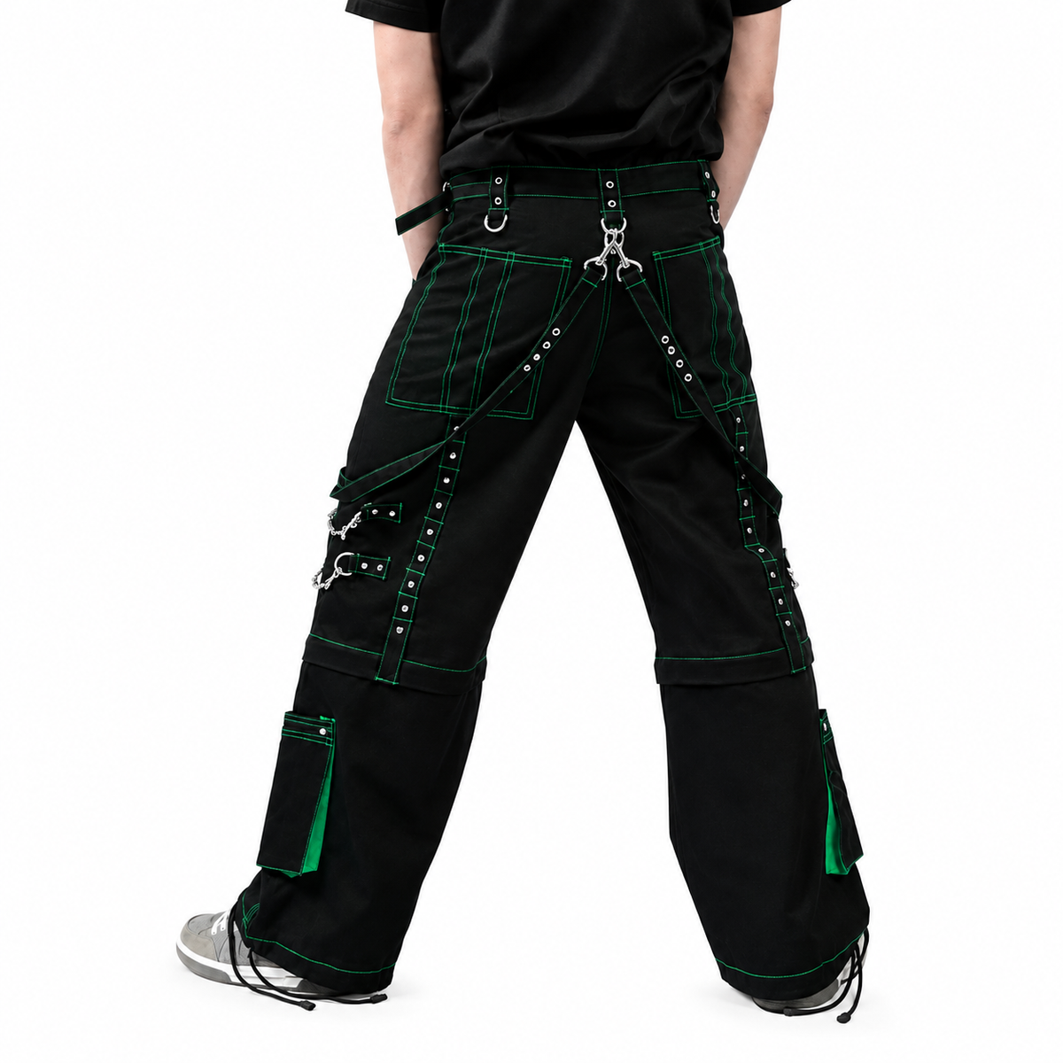 Gothic Men's Handmade Green Thread Rocker Bondage 4 Pocket Trouser Punk Rock Black/ Green Stitch Pant