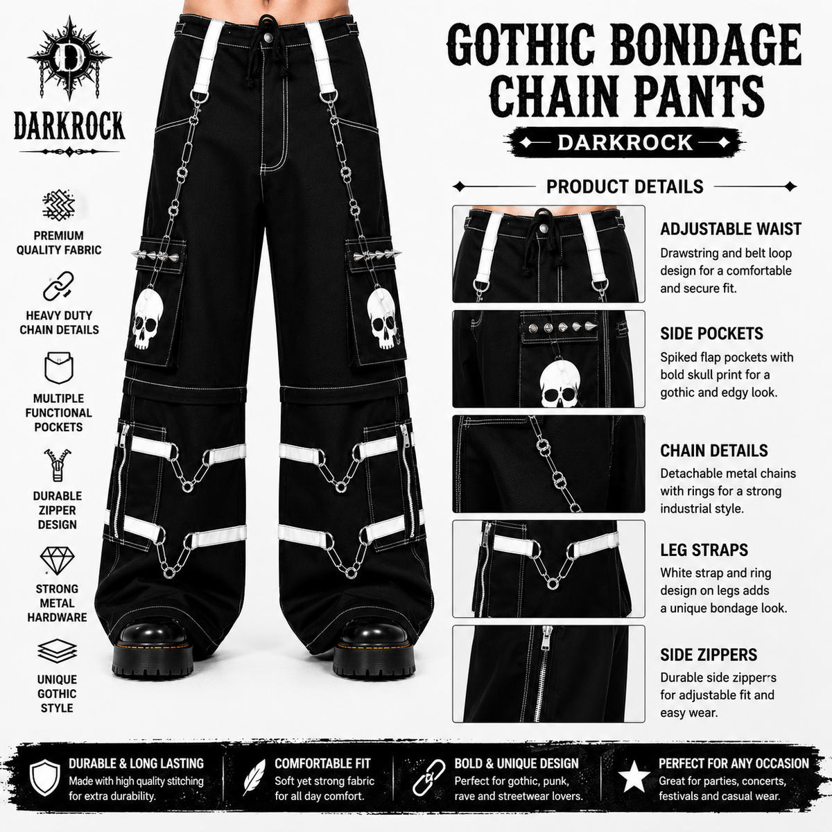 Gothic Bondage Black Skull Zip Off Pants Black & Amp White Alternative Punk Rock Emo Trouser Pant Usa