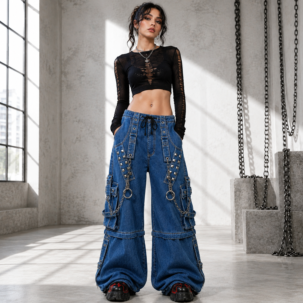 Extreme Bondage Light Blue Denim Pants Skater Gothic Punk Rocker Cyber Biker Black Dagger Trouser Pant Shorts With Handcuffs Hardware