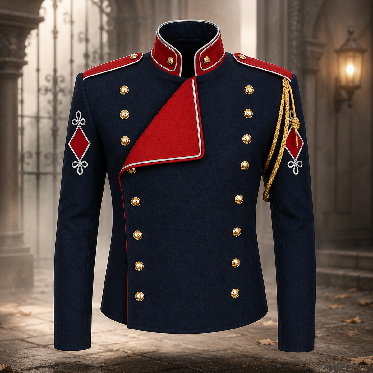 Blue Military Jacket Red Collar Parade Coat Gothic Stage Jacket Mens Performance Jacket