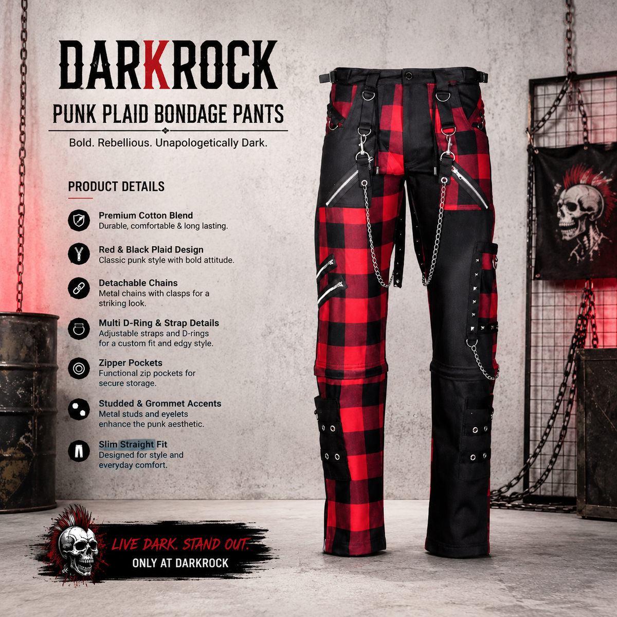 Men Gothic Split Leg Bondage Pant Rock Hard Trouser Heavy Weight Emo/ Pants/USA