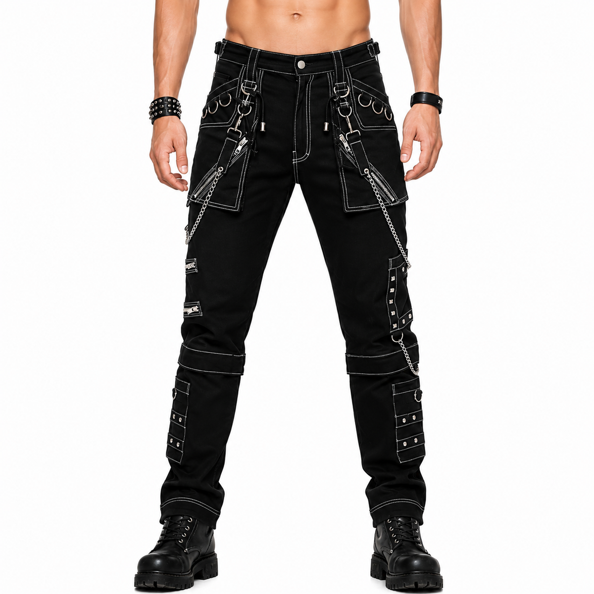 Men Gothic Black Pant Eyelets Cargo Bondage Trouser Punk Rock Pant