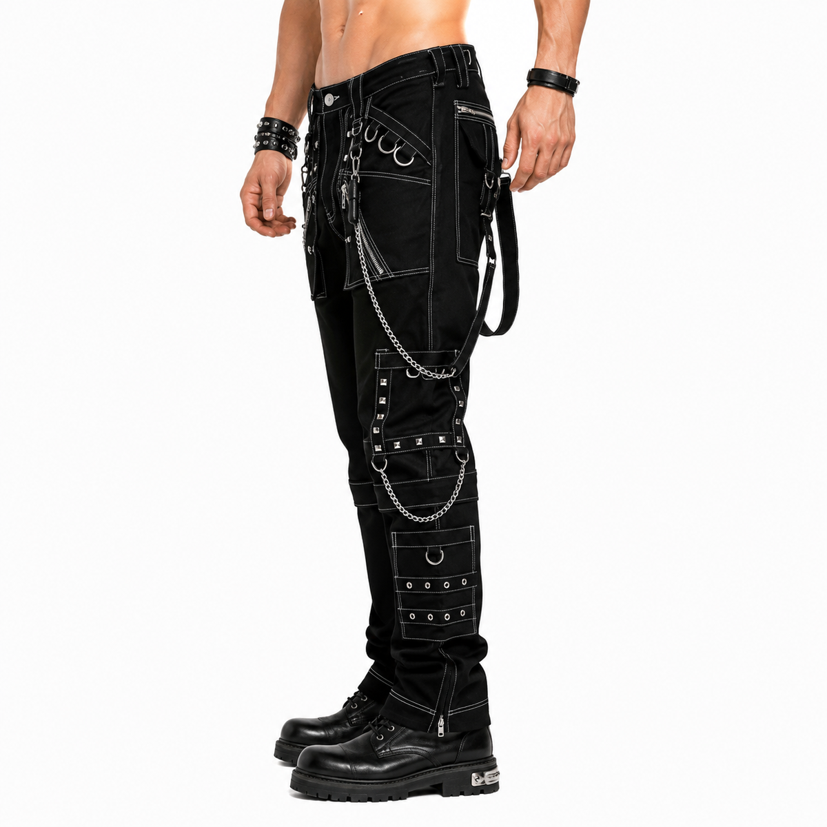 Men Gothic Black Pant Eyelets Cargo Bondage Trouser Punk Rock Pant
