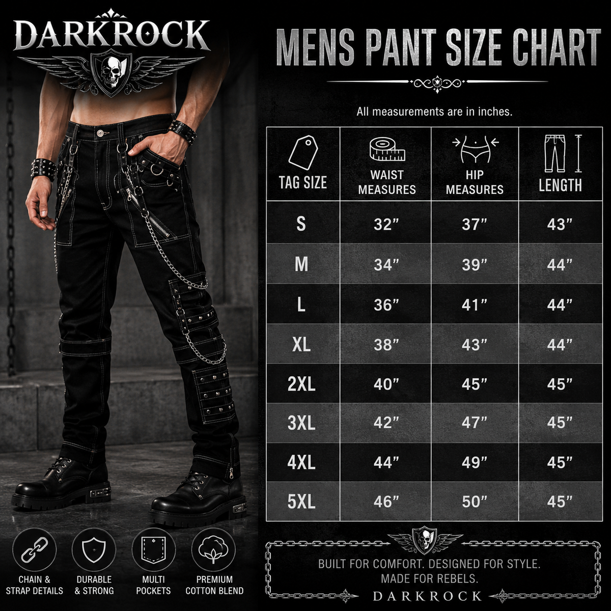 Men Gothic Black Pant Eyelets Cargo Bondage Trouser Punk Rock Pant
