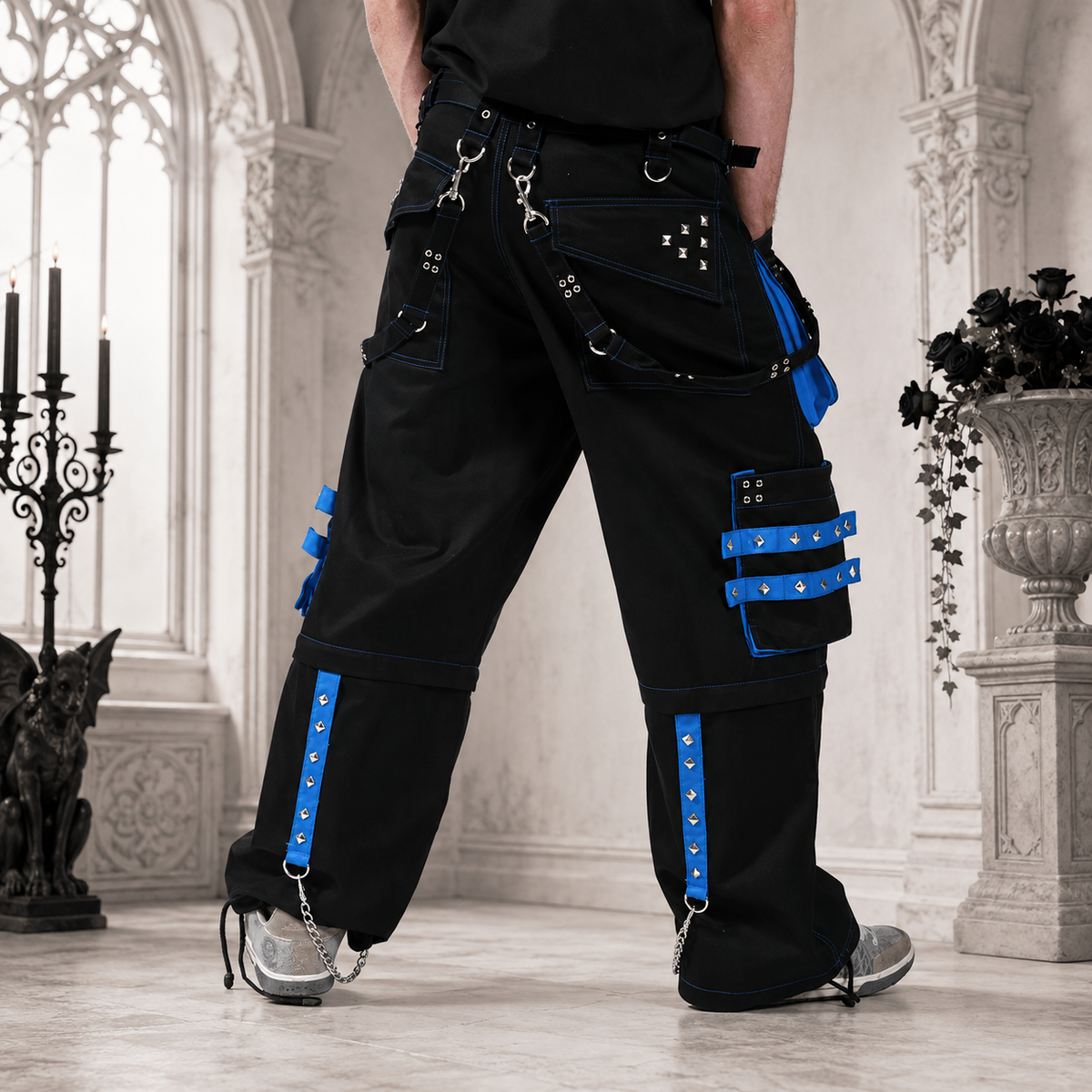 Prime Quality Men's Gothic Men's Bondage Gothic Cyber Pant Chain Techno Rock Punk Shorts Trouser Blue/Black Pants/USA