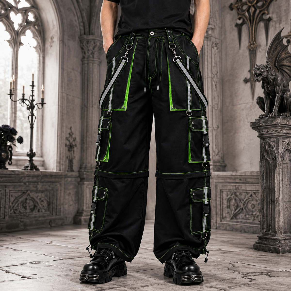 Men's Gothic handmade Bondage Reflective Men Pant 6 pockets Punk Rock Trouser Pant Shorts