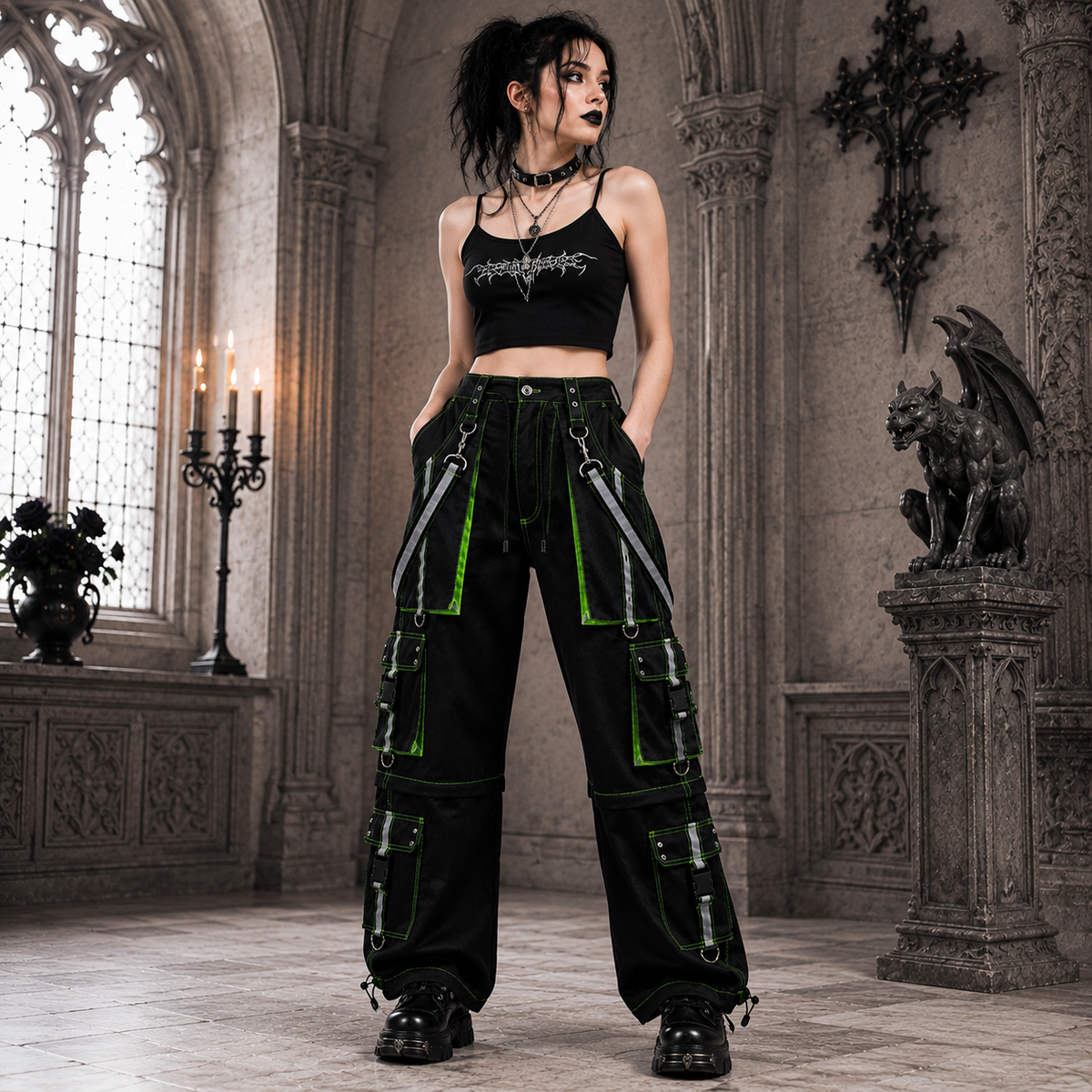 Men's Gothic handmade Bondage Reflective Men Pant 6 pockets Punk Rock Trouser Pant Shorts