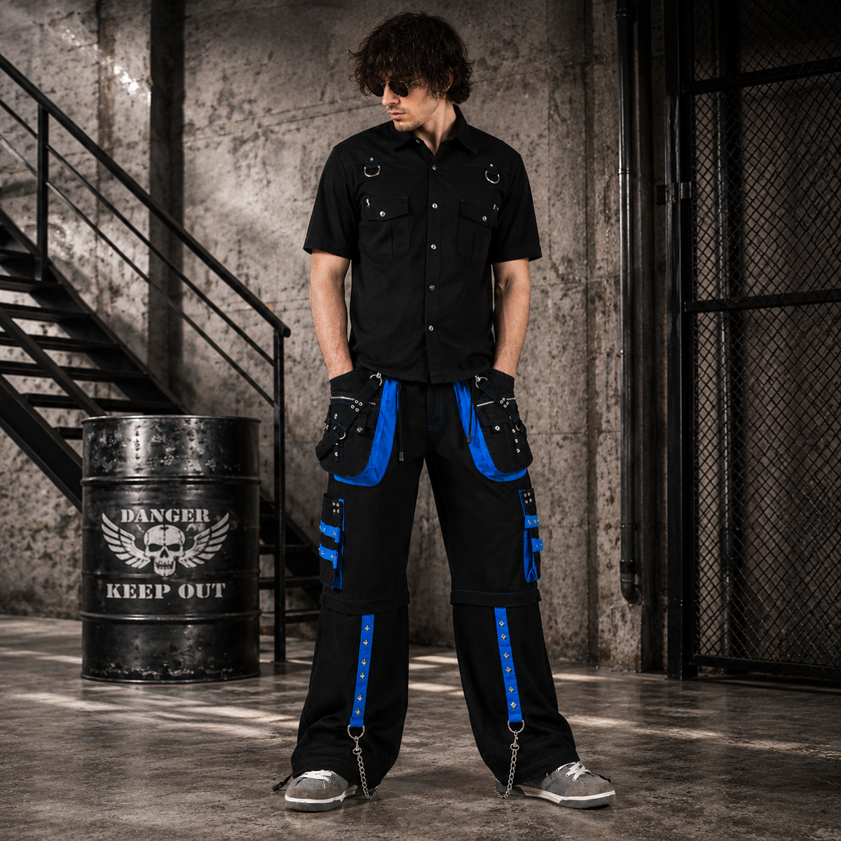 Prime Quality Men's Gothic Men's Bondage Gothic Cyber Pant Chain Techno Rock Punk Shorts Trouser Blue/Black Pants/USA