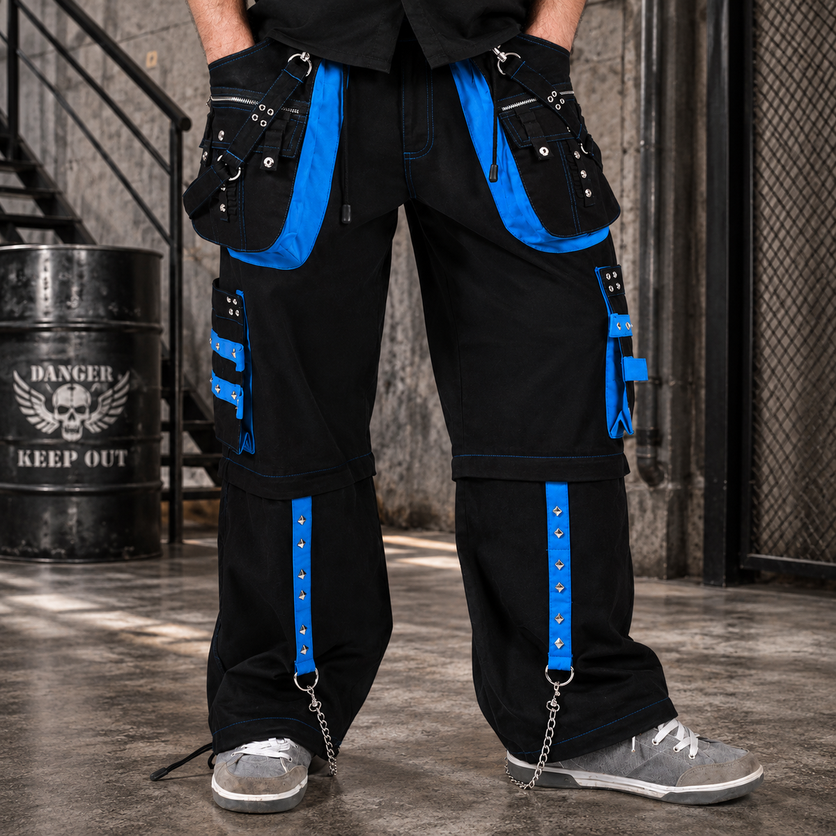 Prime Quality Men's Gothic Men's Bondage Gothic Cyber Pant Chain Techno Rock Punk Shorts Trouser Blue/Black Pants/USA