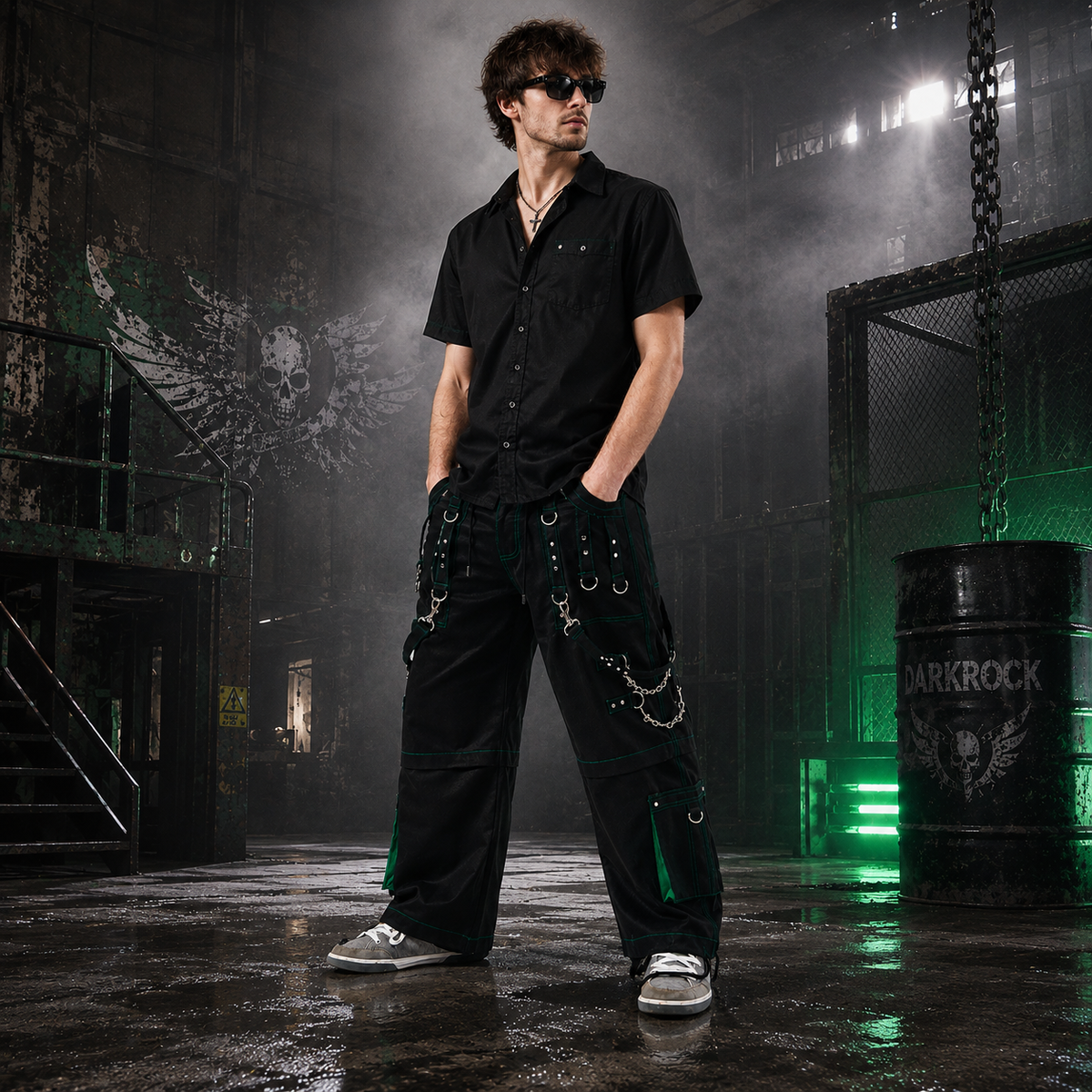 Gothic Men's Handmade Green Thread Rocker Bondage 4 Pocket Trouser Punk Rock Black/ Green Stitch Pant