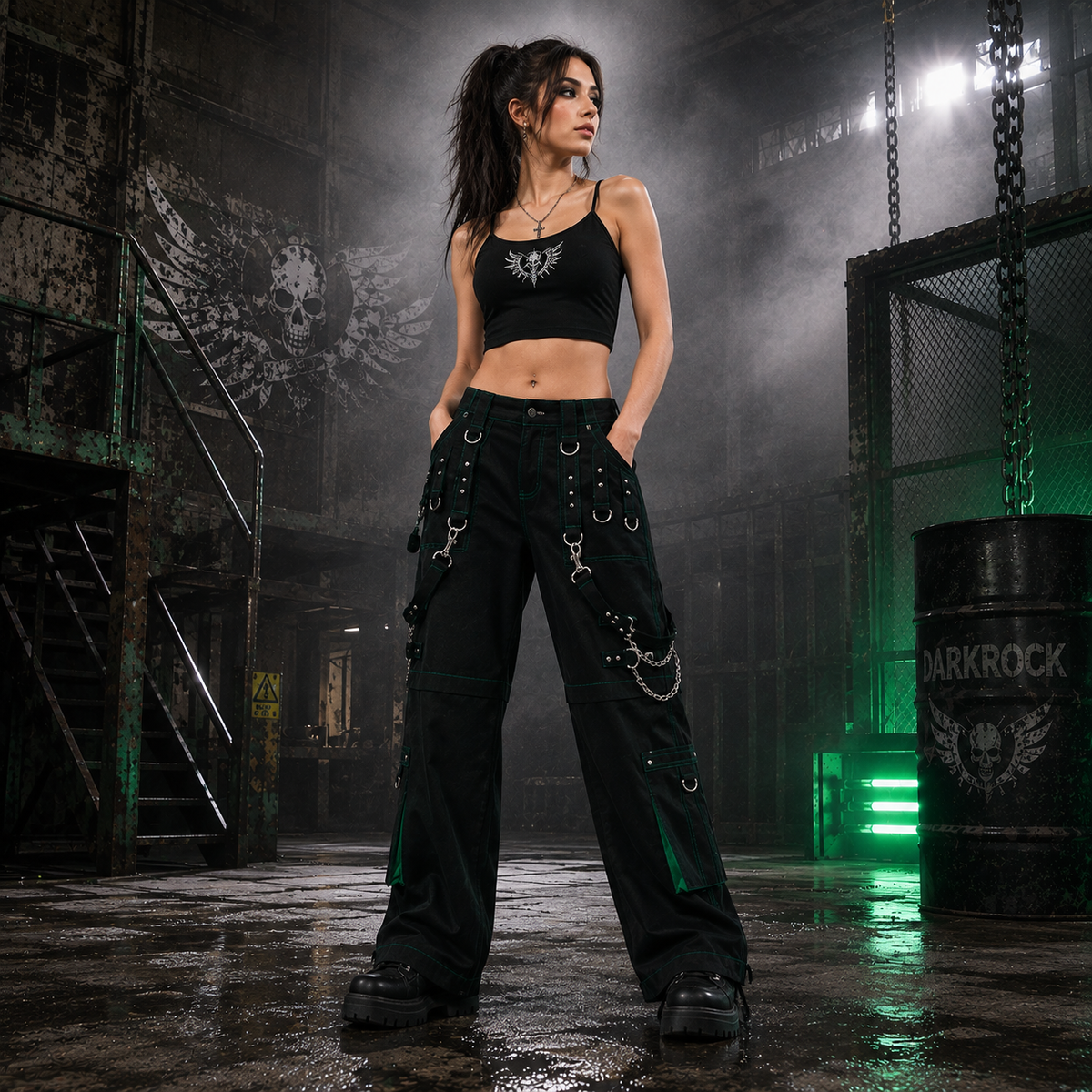 Gothic Men's Handmade Green Thread Rocker Bondage 4 Pocket Trouser Punk Rock Black/ Green Stitch Pant