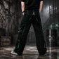 Gothic Men's Handmade Green Thread Rocker Bondage 4 Pocket Trouser Punk Rock Black/ Green Stitch Pant