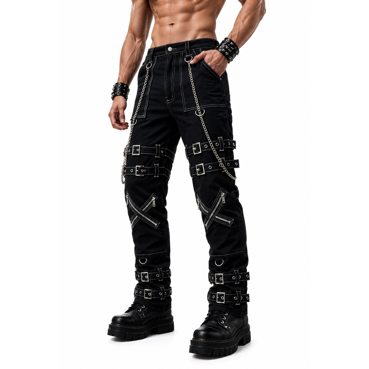 Prime Quality Handmade Gothic Pant White Threads Buckles Zips Chains Straps Cyber Punk Trousers Pants USA
