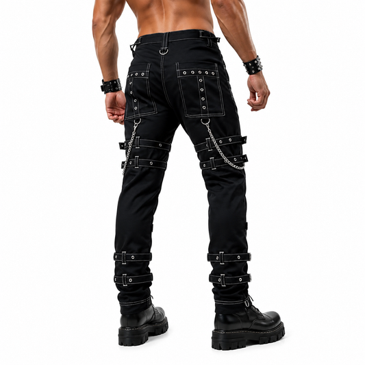 Prime Quality Handmade Gothic Pant White Threads Buckles Zips Chains Straps Cyber Punk Trousers Pants USA