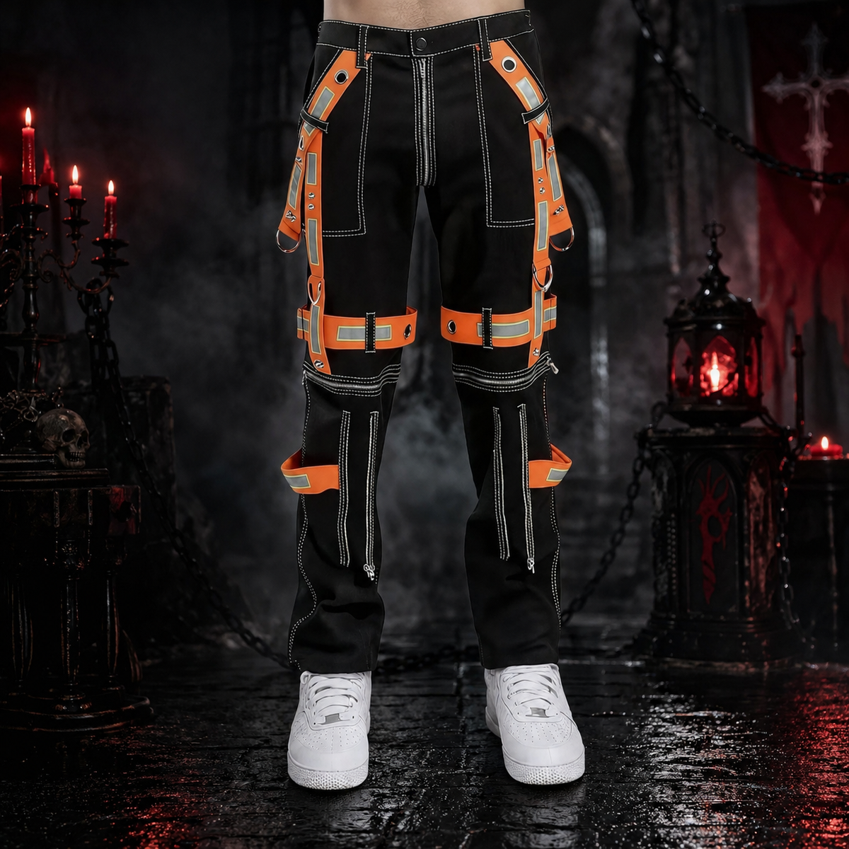 Men's Gothic Bondage Reflective Men Pant Alternative Punk Rock Emo Trouser Pant Shorts