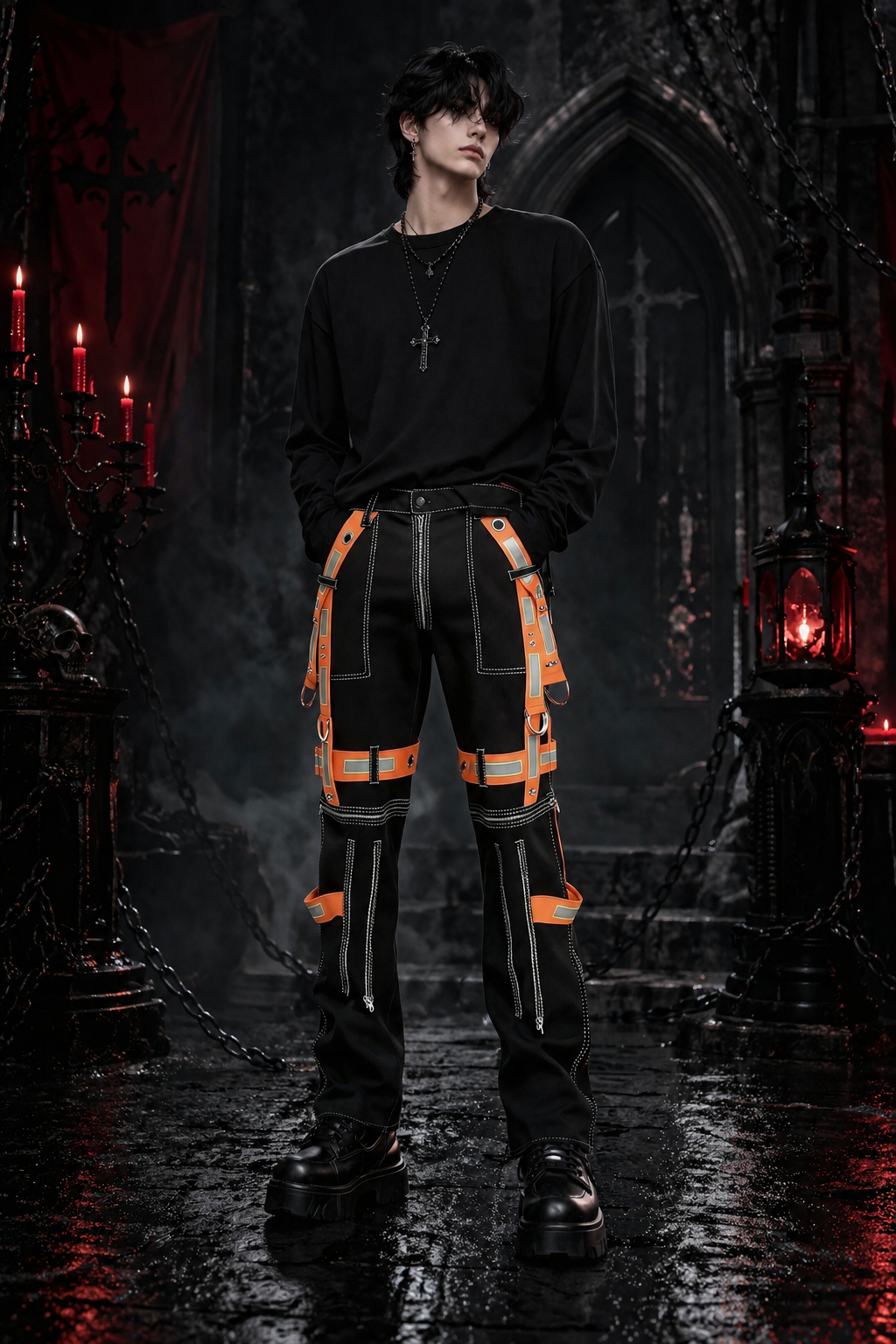 Men's Gothic Bondage Reflective Men Pant Alternative Punk Rock Emo Trouser Pant Shorts