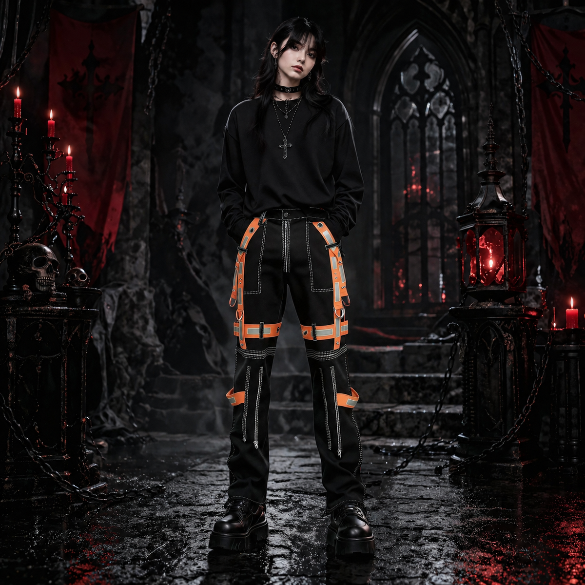 Men's Gothic Bondage Reflective Men Pant Alternative Punk Rock Emo Trouser Pant Shorts