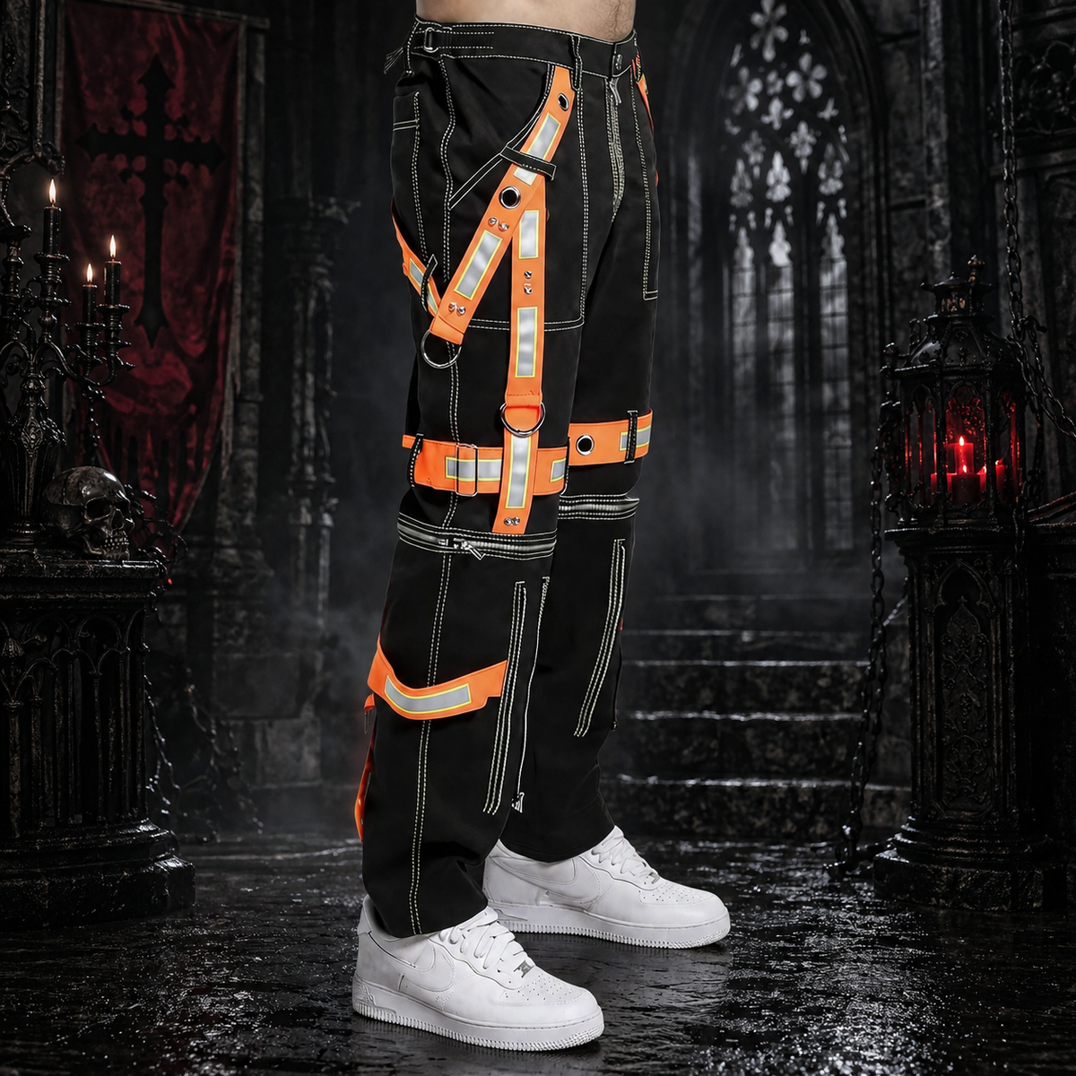 Men's Gothic Bondage Reflective Men Pant Alternative Punk Rock Emo Trouser Pant Shorts