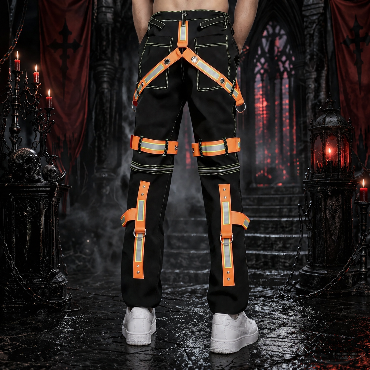 Men's Gothic Bondage Reflective Men Pant Alternative Punk Rock Emo Trouser Pant Shorts