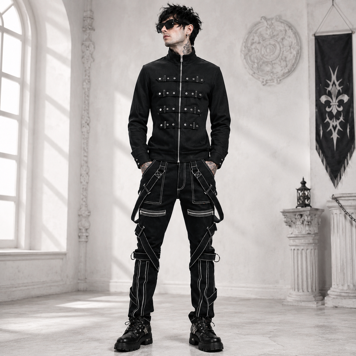 Prime Quality Gothic Straps Zipper Stitch Trousers Punk Rock Studs Metal Chain Trouser Pants/USA Sizes