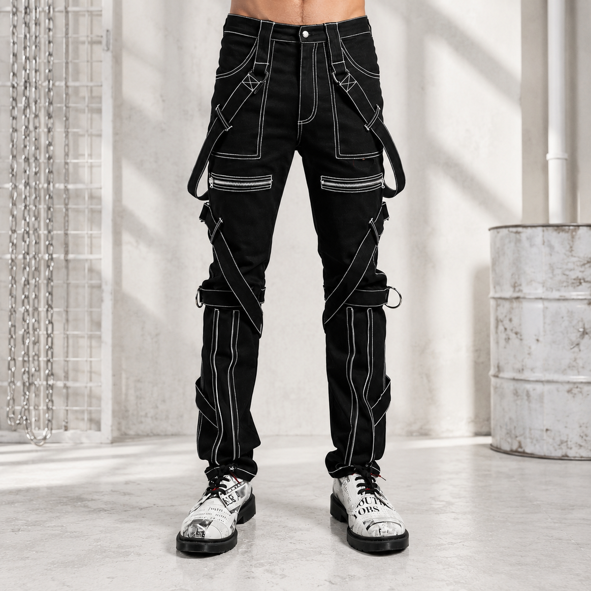 Prime Quality Gothic Straps Zipper Stitch Trousers Punk Rock Studs Metal Chain Trouser Pants/USA Sizes
