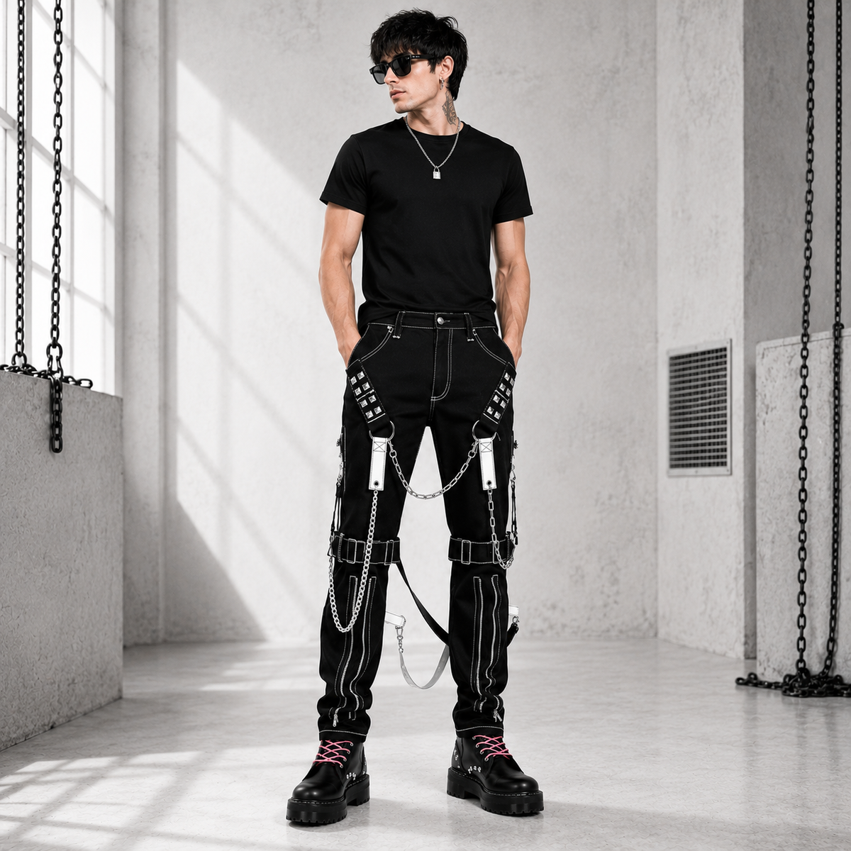 Men's Gothic Bondage Black Pant Rock Hard Trouser Heavy Weight Emo/Pants