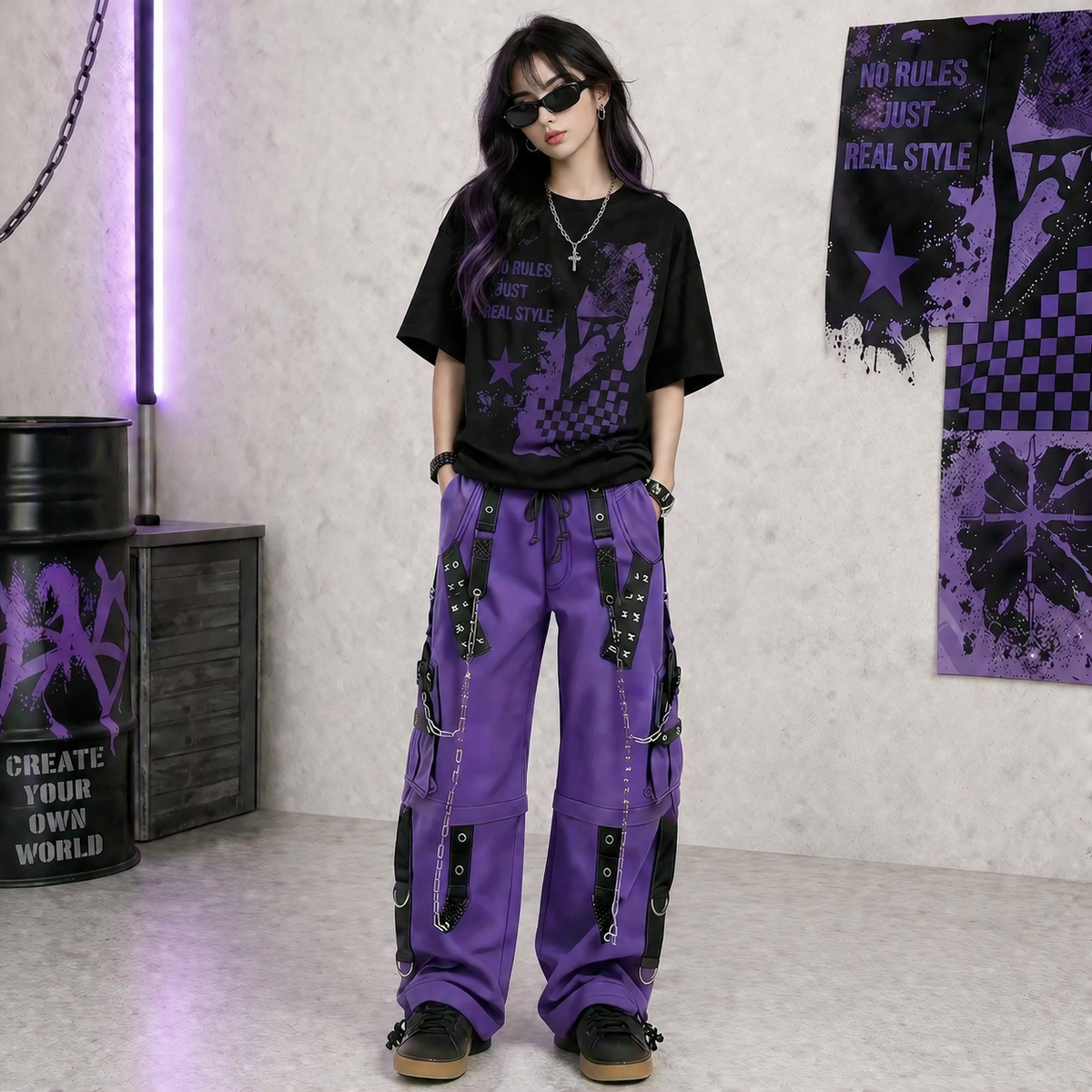 Gothic Bondage Handmade Men Pant Alternative Punk Rock Transformer Trouser Purple Baggy